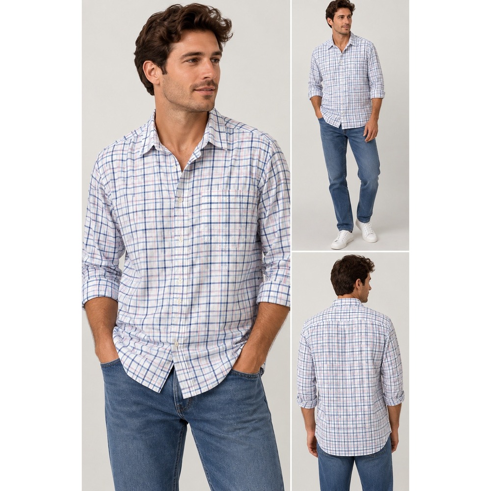 Club Room Regular Fit Dress Shirt‎ Mens 17.5 36/37 White Blue Pink Plaid Cotton